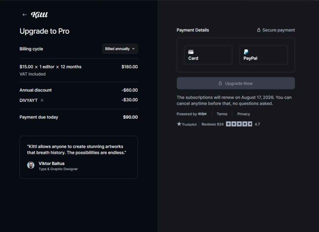 Kittl checkout page showing Kittl promo code box | Screenshot taken by SimplyCodes community member on Aug 17, 2025
