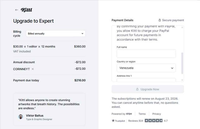 Kittl checkout page showing Kittl promo code box | Screenshot taken by SimplyCodes community member on Aug 23, 2025
