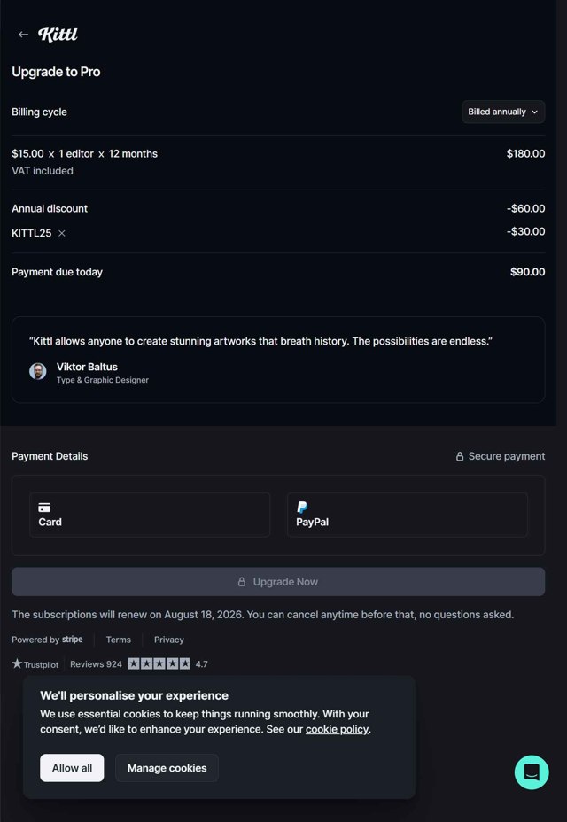 Kittl checkout page showing Kittl promo code box | Screenshot taken by SimplyCodes community member on Aug 18, 2025