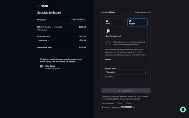 Kittl checkout page showing Kittl promo code box | Screenshot taken by SimplyCodes community member on Aug 15, 2025