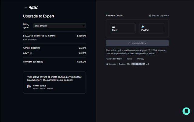 Kittl checkout page showing Kittl promo code box | Screenshot taken by SimplyCodes community member on Aug 23, 2025