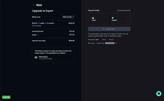 Kittl checkout page showing Kittl promo code box | Screenshot taken by SimplyCodes community member on Aug 17, 2025