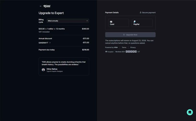 Kittl checkout page showing Kittl promo code box | Screenshot taken by SimplyCodes community member on Aug 23, 2025