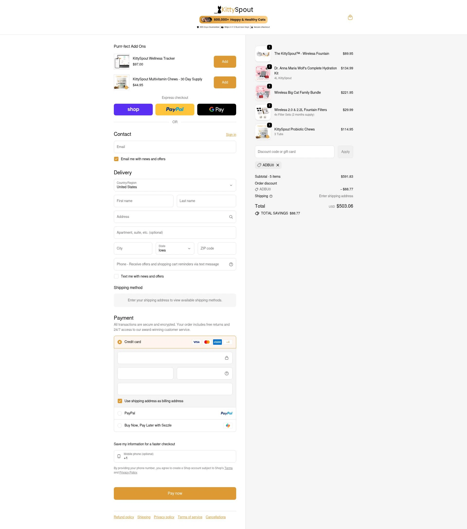 KittySpout checkout page showing KittySpout discount code box | Screenshot taken by SimplyCodes community member on Feb 6, 2026