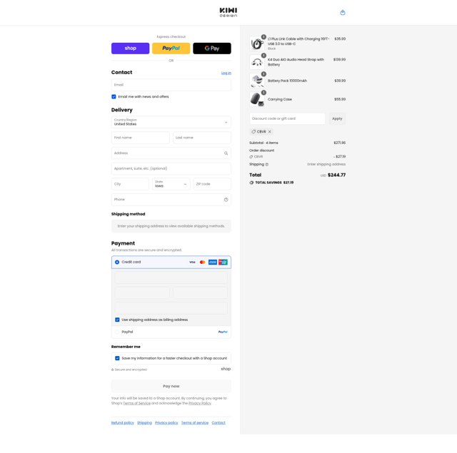 KIWI design checkout page showing KIWI design discount code box | Screenshot taken by SimplyCodes community member on Sep 2, 2025