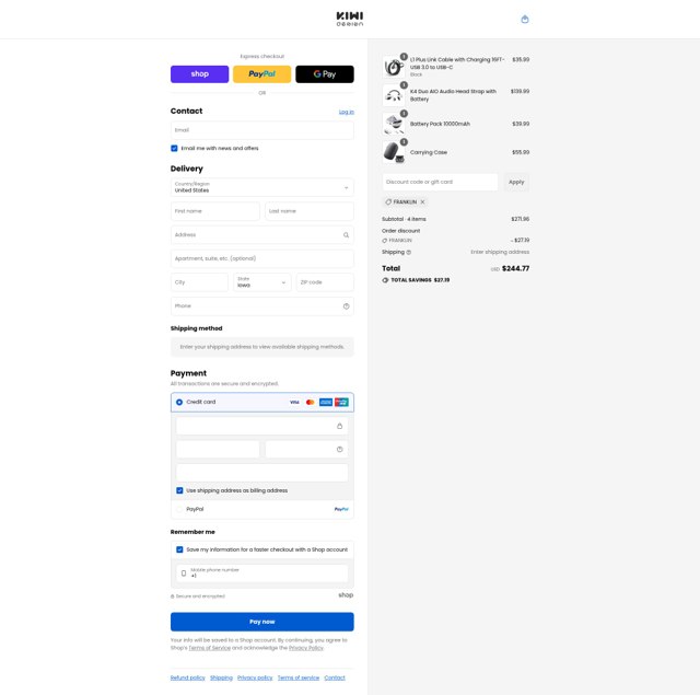 KIWI design checkout page showing KIWI design discount code box | Screenshot taken by SimplyCodes community member on Sep 2, 2025