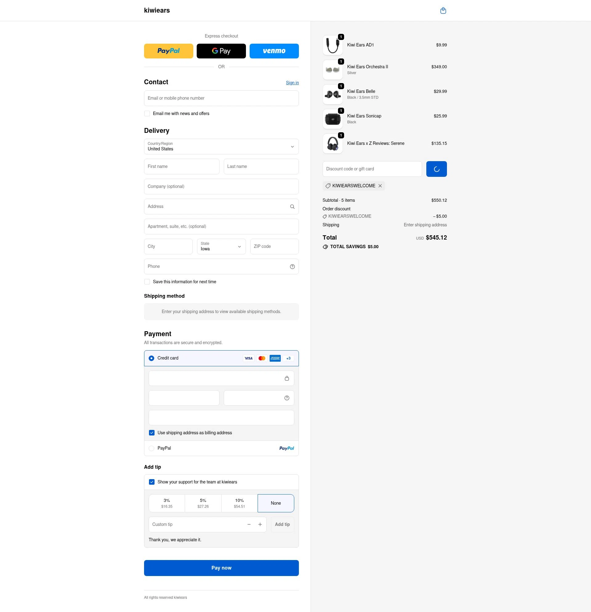 Kiwi Ears checkout page showing Kiwi Ears discount code box | Screenshot taken by SimplyCodes community member on Feb 8, 2026