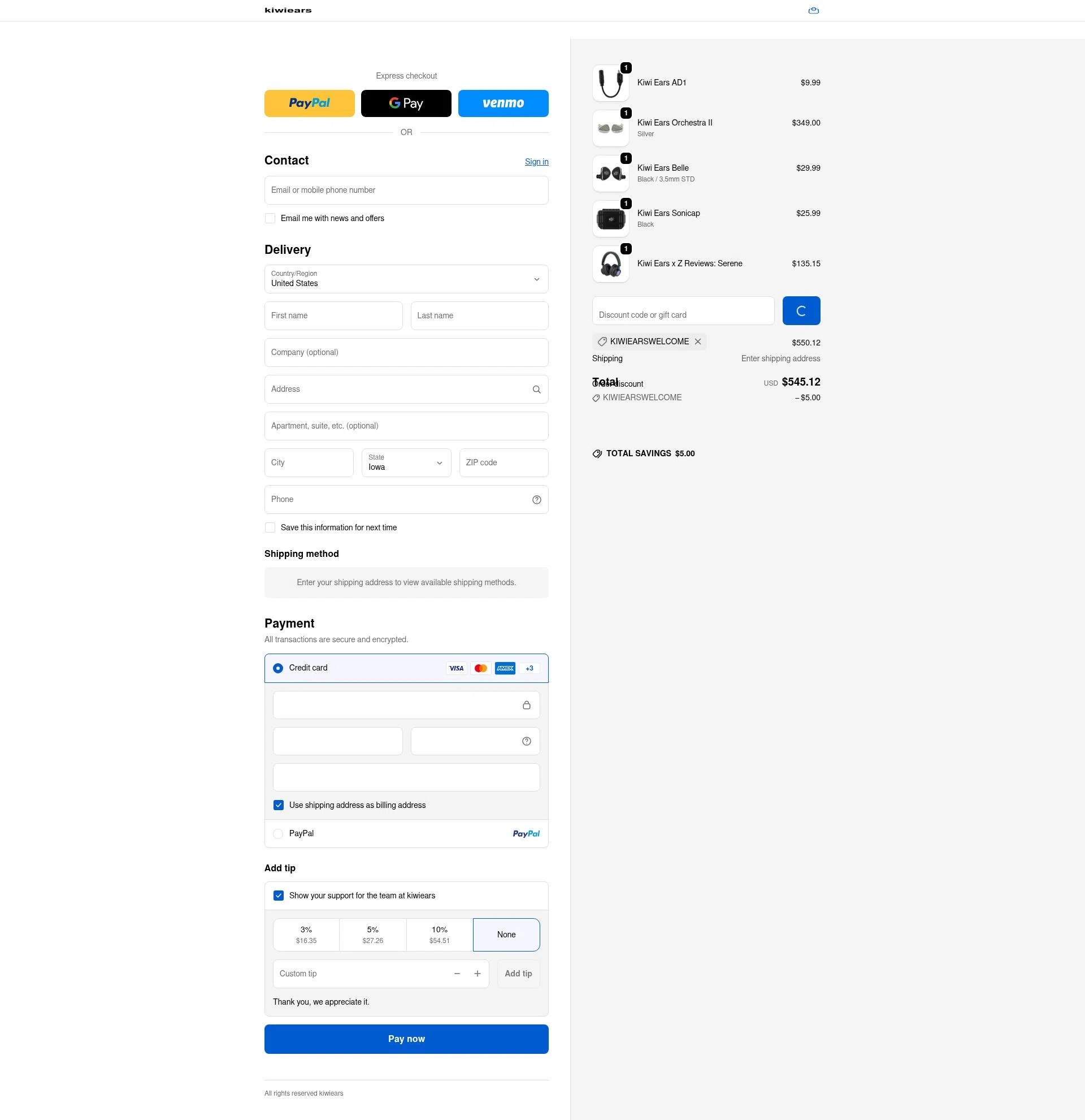 Kiwi Ears checkout page showing Kiwi Ears discount code box | Screenshot taken by SimplyCodes community member on Jan 16, 2026