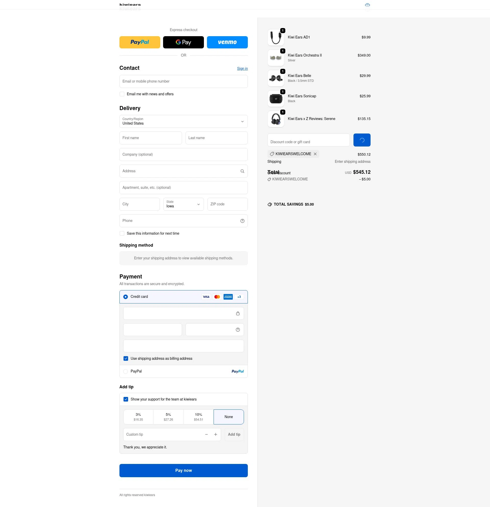 Kiwi Ears checkout page showing Kiwi Ears discount code box | Screenshot taken by SimplyCodes community member on Jan 30, 2026