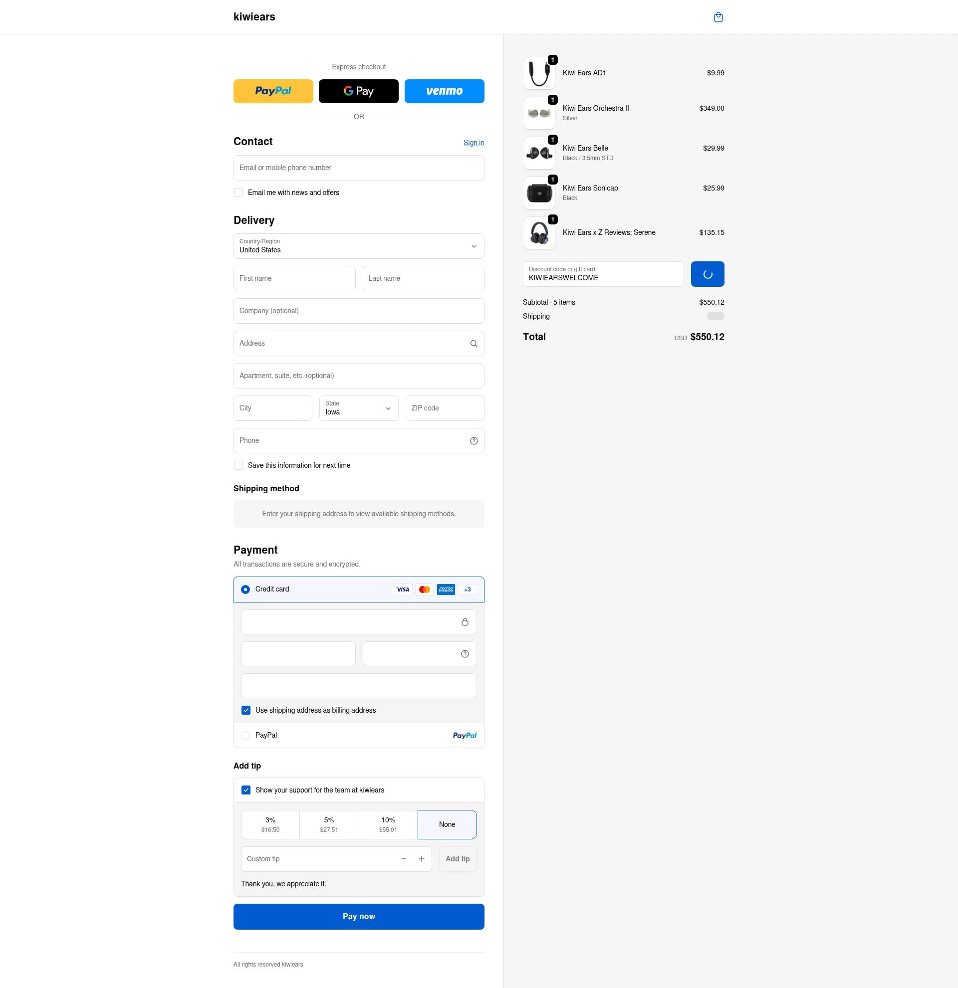 Kiwi Ears checkout page showing Kiwi Ears discount code box | Screenshot taken by SimplyCodes community member on Jan 11, 2026