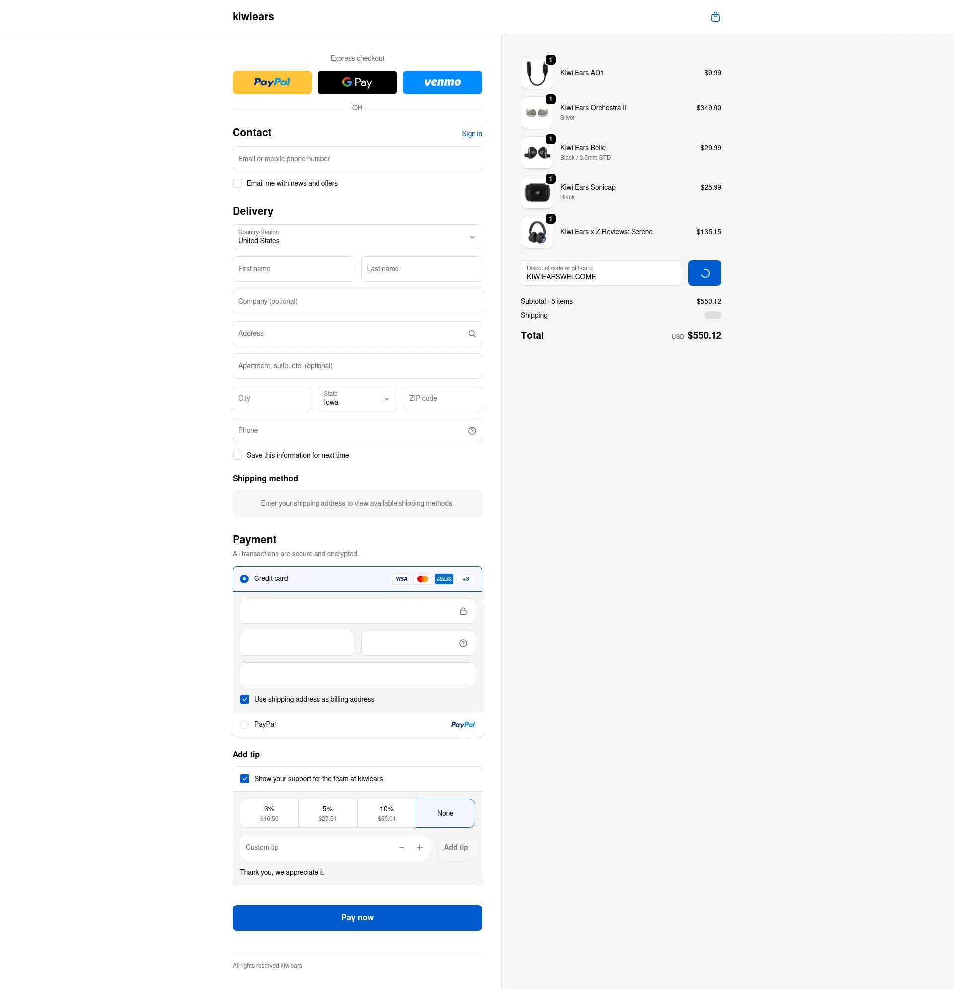 Kiwi Ears checkout page showing Kiwi Ears discount code box | Screenshot taken by SimplyCodes community member on Feb 4, 2026