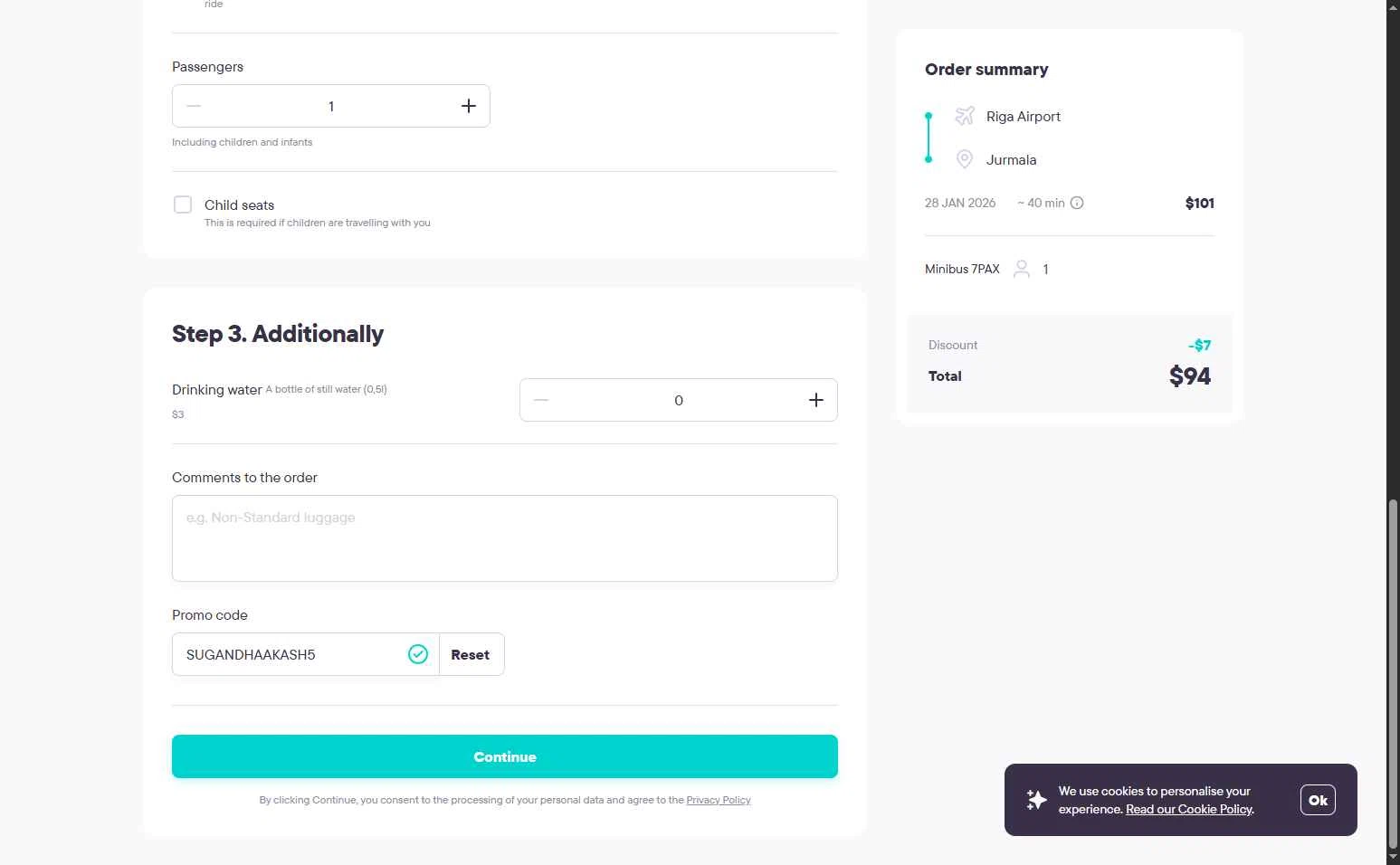 Kiwitaxi checkout page showing Kiwitaxi promo code box | Screenshot taken by SimplyCodes community member on Jan 26, 2026