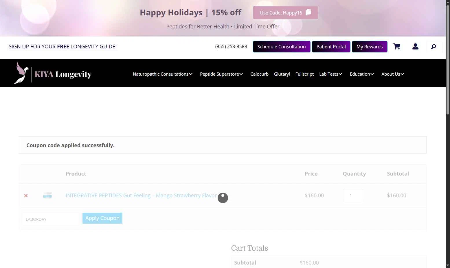 KIYA Longevity checkout page showing KIYA Longevity promo code box | Screenshot taken by SimplyCodes community member on Dec 6, 2025