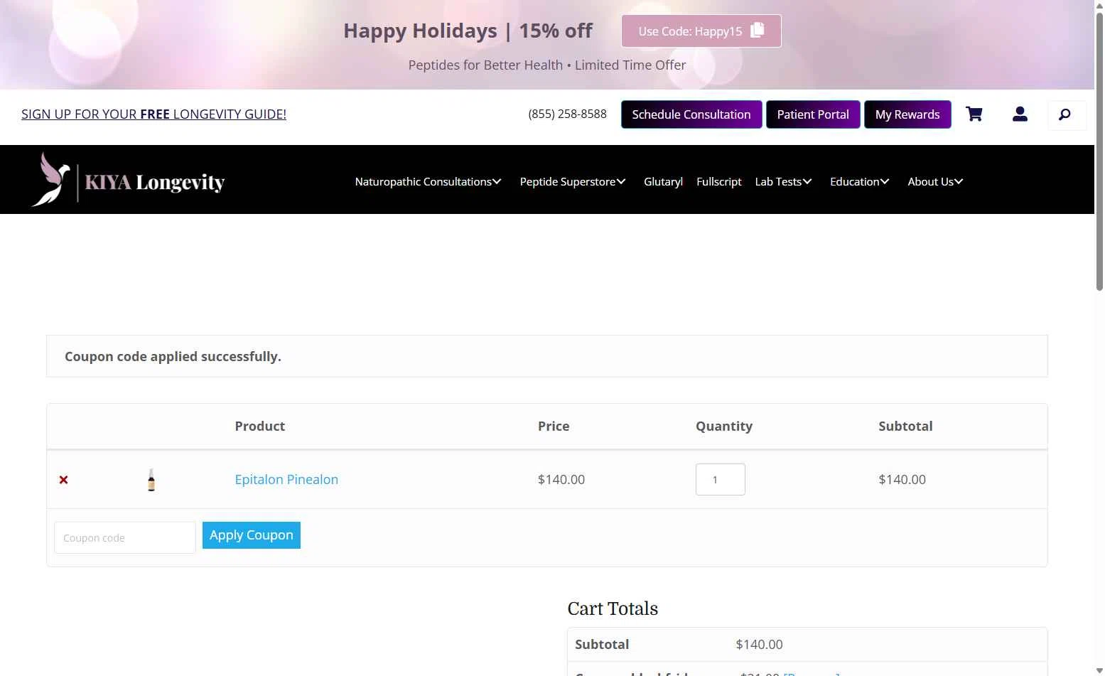KIYA Longevity checkout page showing KIYA Longevity promo code box | Screenshot taken by SimplyCodes community member on Dec 21, 2025