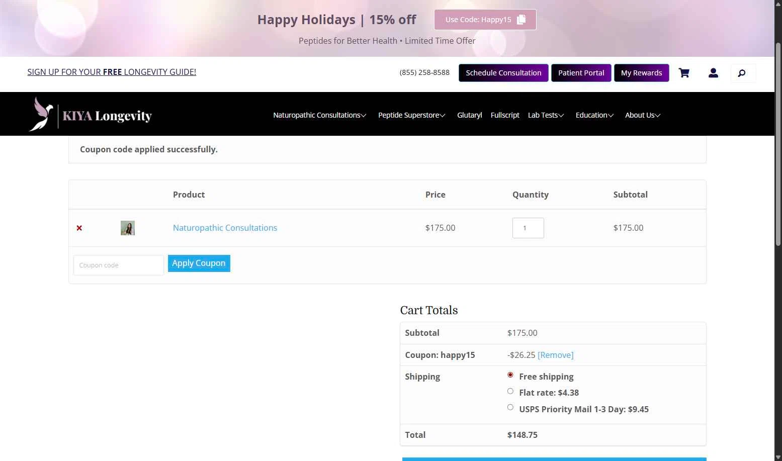 KIYA Longevity checkout page showing KIYA Longevity promo code box | Screenshot taken by SimplyCodes community member on Dec 21, 2025