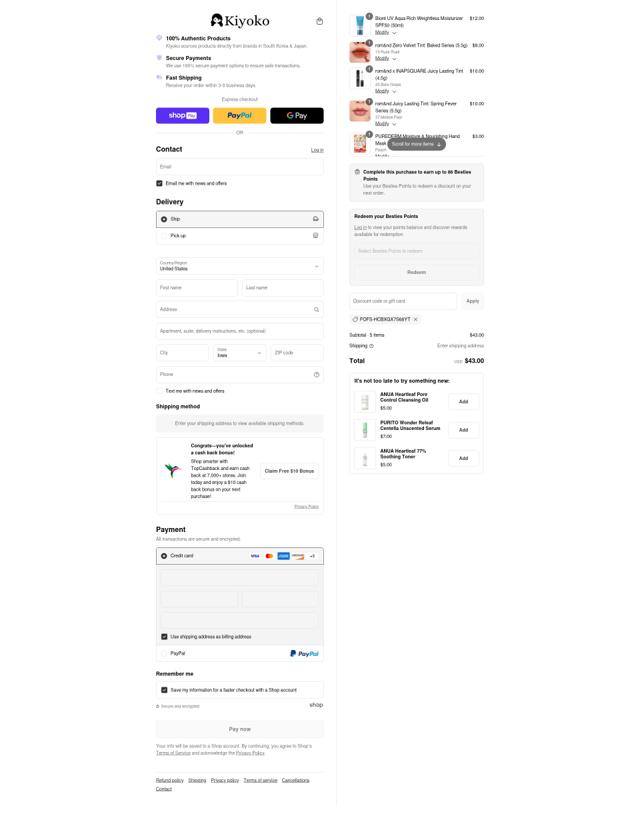 Kiyoko Beauty checkout page showing Kiyoko Beauty promo code box | Screenshot taken by SimplyCodes community member on Aug 9, 2025