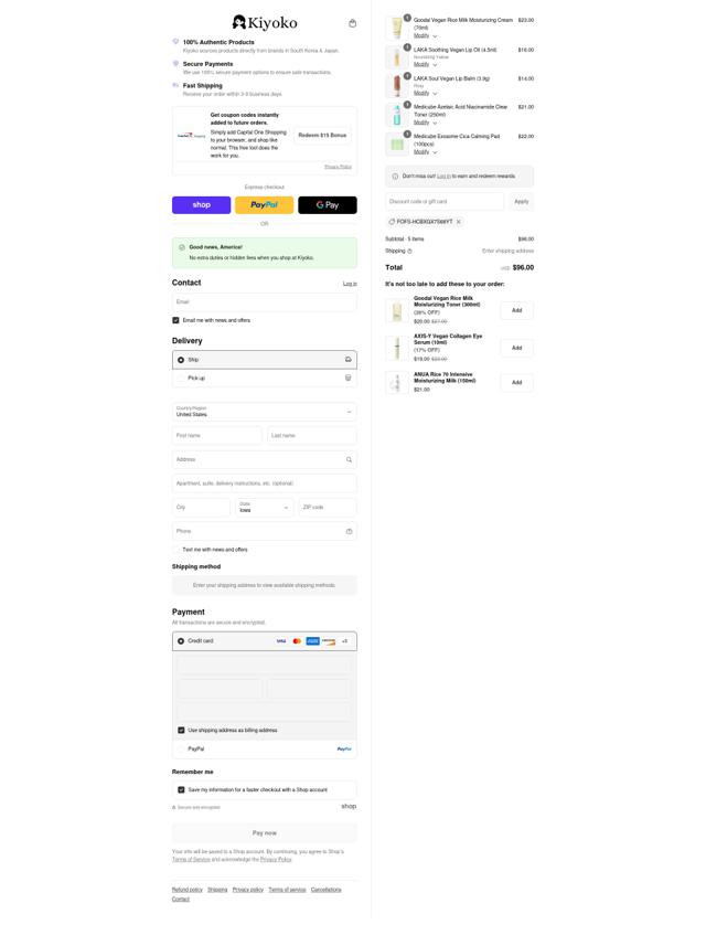 Kiyoko Beauty checkout page showing Kiyoko Beauty promo code box | Screenshot taken by SimplyCodes community member on Aug 30, 2025