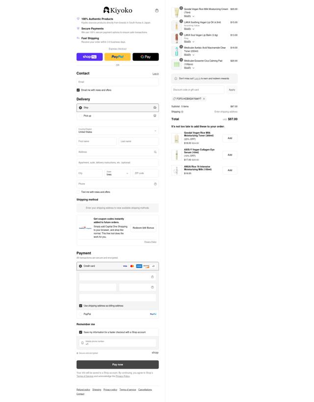 Kiyoko Beauty checkout page showing Kiyoko Beauty promo code box | Screenshot taken by SimplyCodes community member on Aug 22, 2025