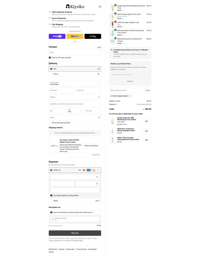 Kiyoko Beauty checkout page showing Kiyoko Beauty promo code box | Screenshot taken by SimplyCodes community member on Aug 17, 2025
