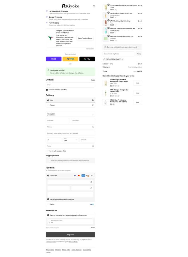 Kiyoko Beauty checkout page showing Kiyoko Beauty promo code box | Screenshot taken by SimplyCodes community member on Sep 3, 2025