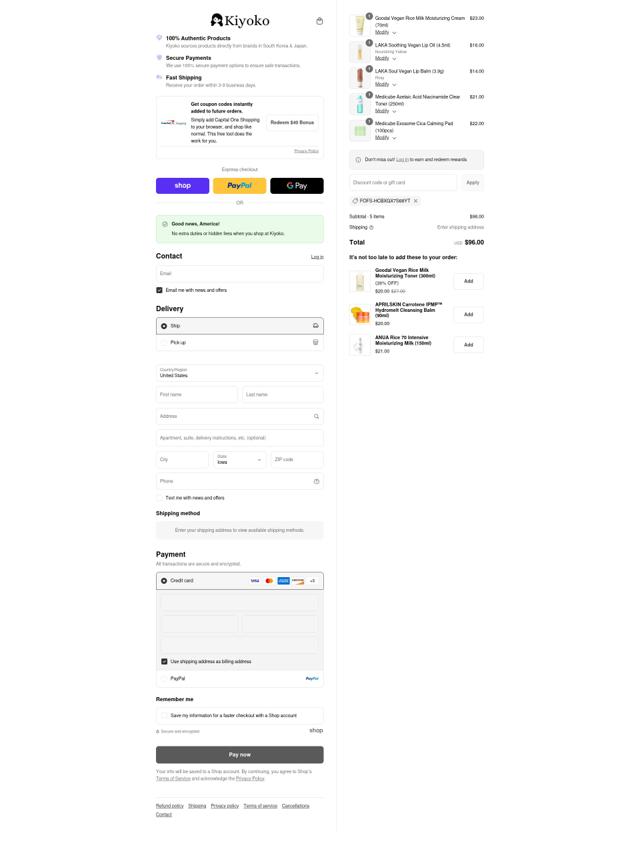 Kiyoko Beauty checkout page showing Kiyoko Beauty promo code box | Screenshot taken by SimplyCodes community member on Sep 8, 2025