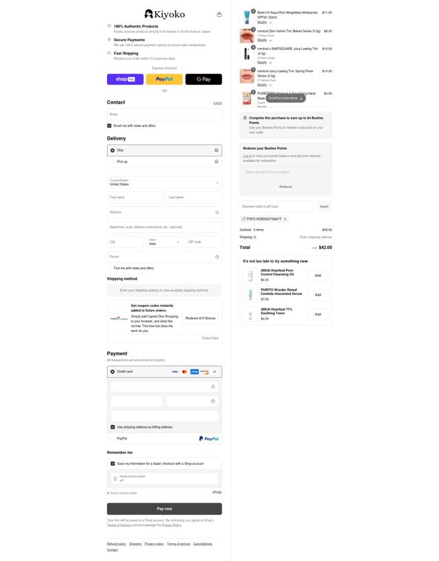 Kiyoko Beauty checkout page showing Kiyoko Beauty promo code box | Screenshot taken by SimplyCodes community member on Aug 5, 2025