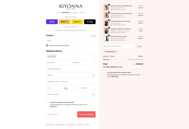 Kiyonna checkout page showing Kiyonna discount code box | Screenshot taken by SimplyCodes community member on Sep 12, 2025
