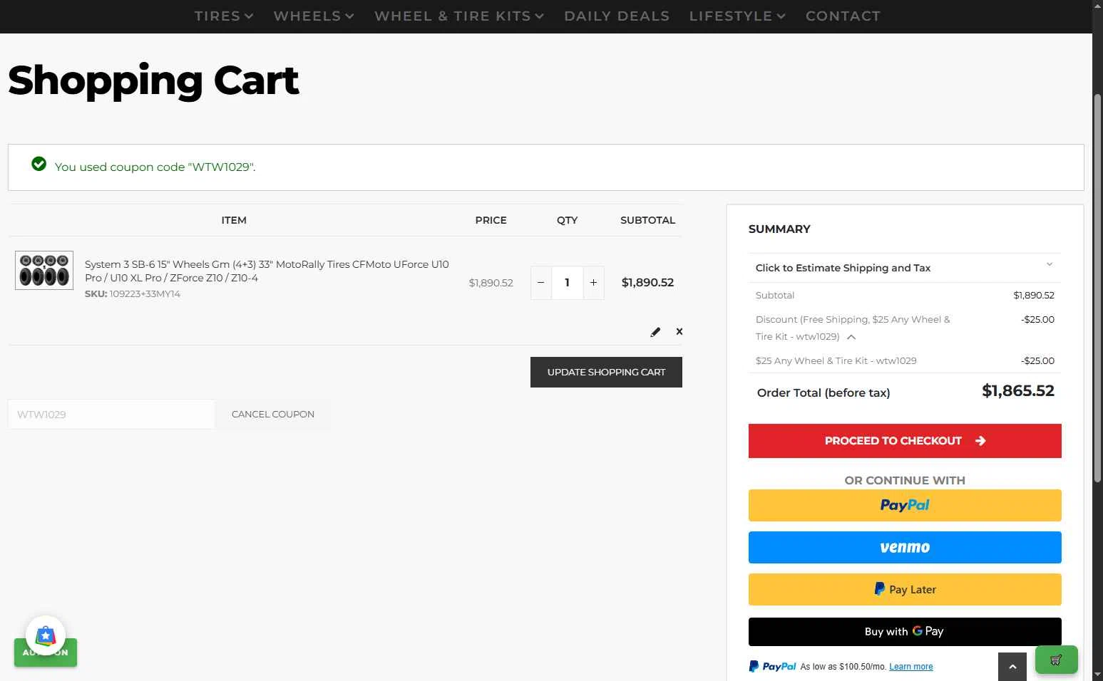 KJ Motorsports checkout page showing KJ Motorsports coupon code box | Screenshot taken by SimplyCodes community member on Nov 9, 2025