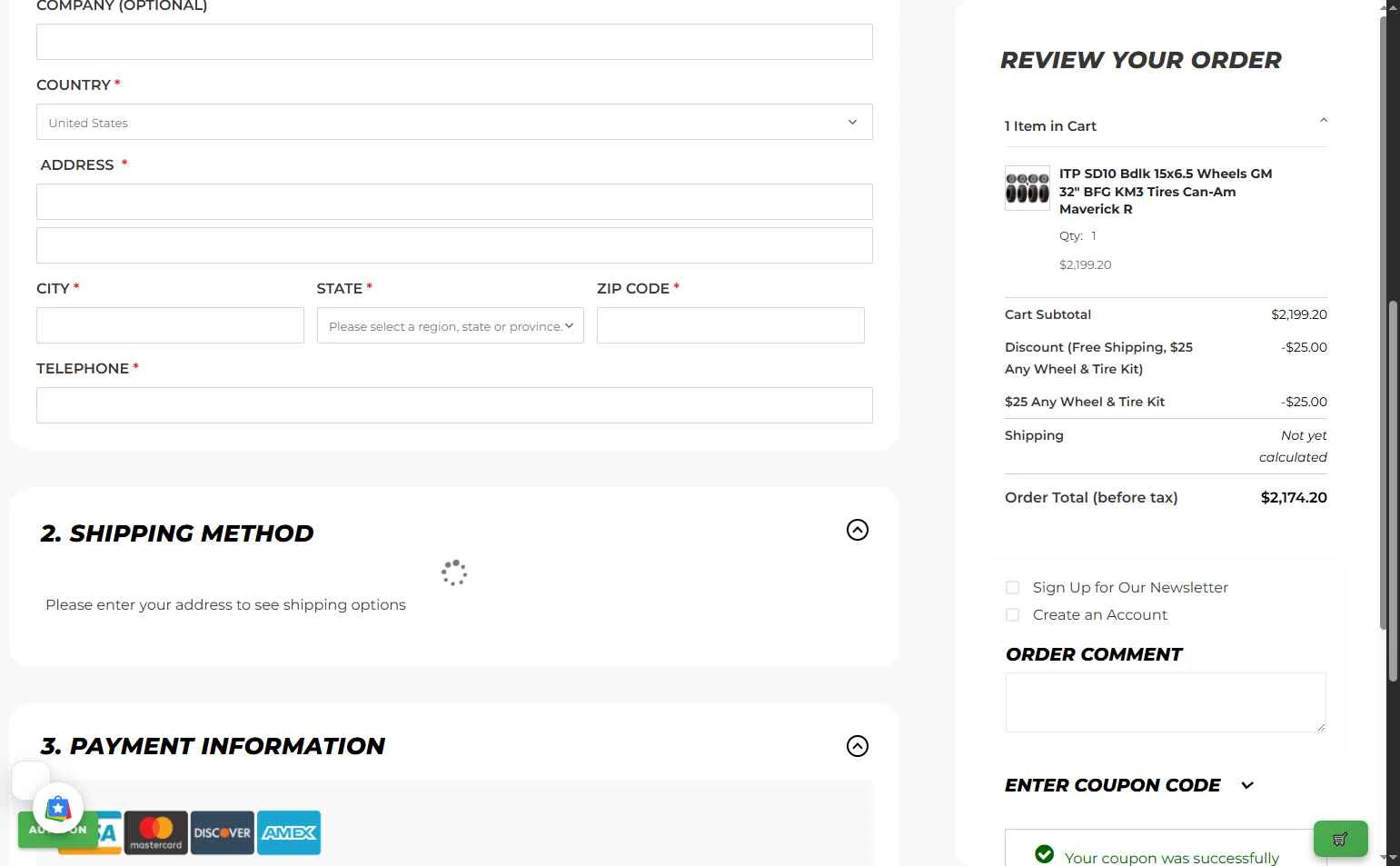 KJ Motorsports checkout page showing KJ Motorsports coupon code box | Screenshot taken by SimplyCodes community member on Jan 25, 2026