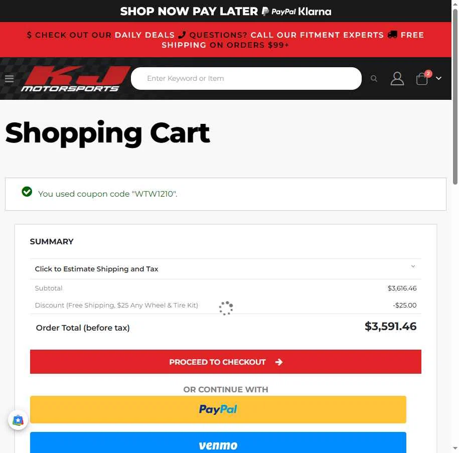 KJ Motorsports checkout page showing KJ Motorsports coupon code box | Screenshot taken by SimplyCodes community member on Dec 23, 2025