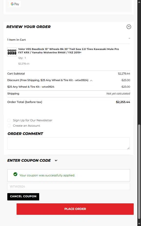 KJ Motorsports checkout page showing KJ Motorsports coupon code box | Screenshot taken by SimplyCodes community member on Oct 19, 2025