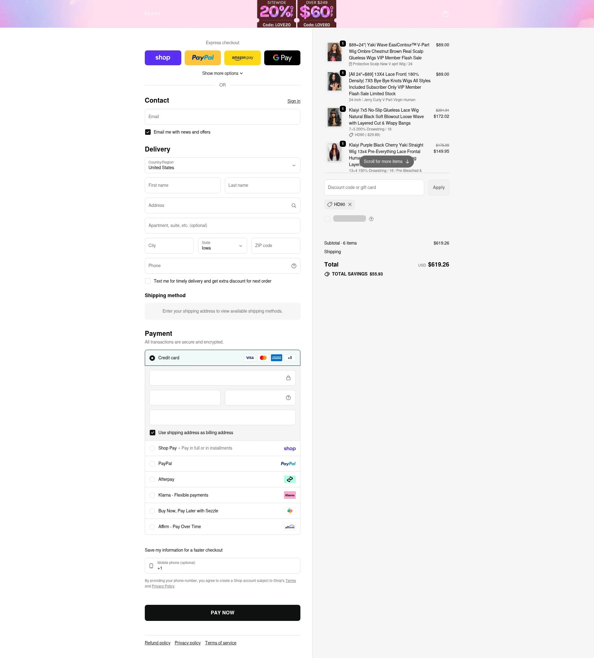 Klaiyi Hair checkout page showing Klaiyi Hair coupon code box | Screenshot taken by SimplyCodes community member on Feb 11, 2026
