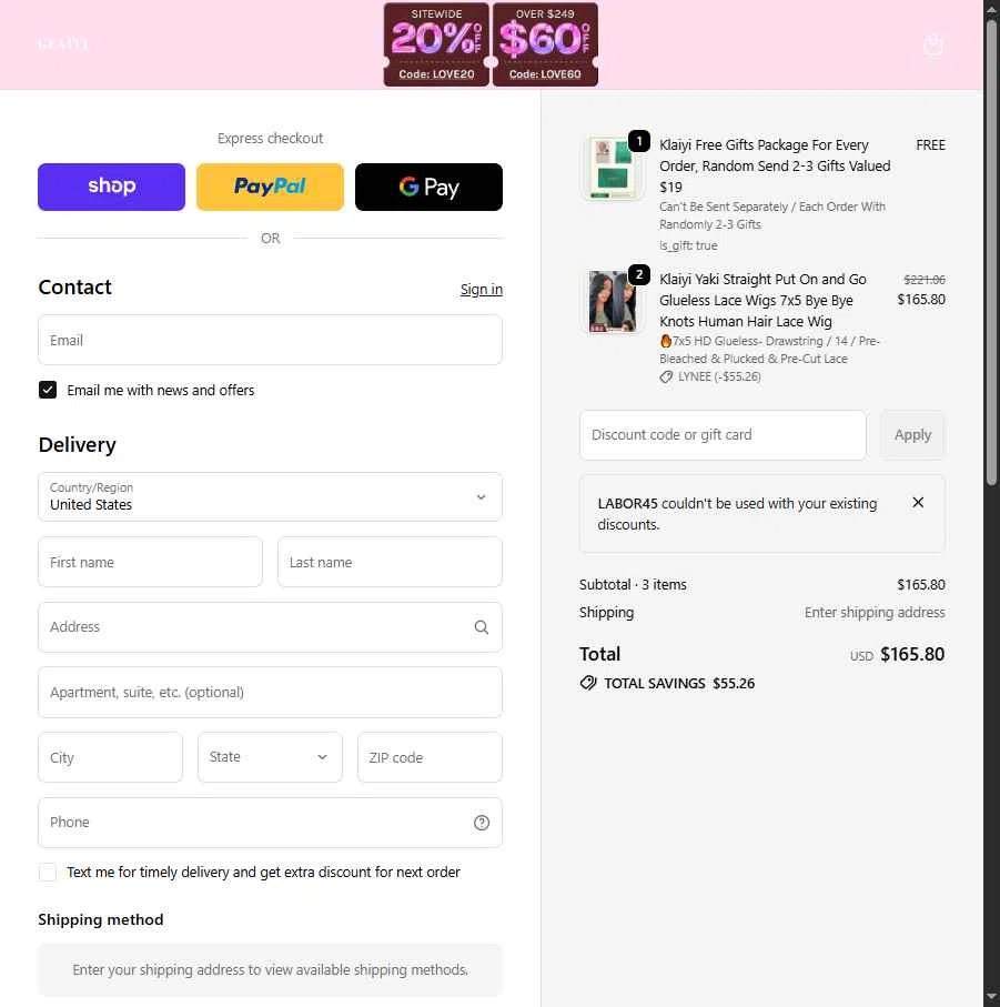 Klaiyi Hair checkout page showing Klaiyi Hair coupon code box | Screenshot taken by SimplyCodes community member on Feb 11, 2026