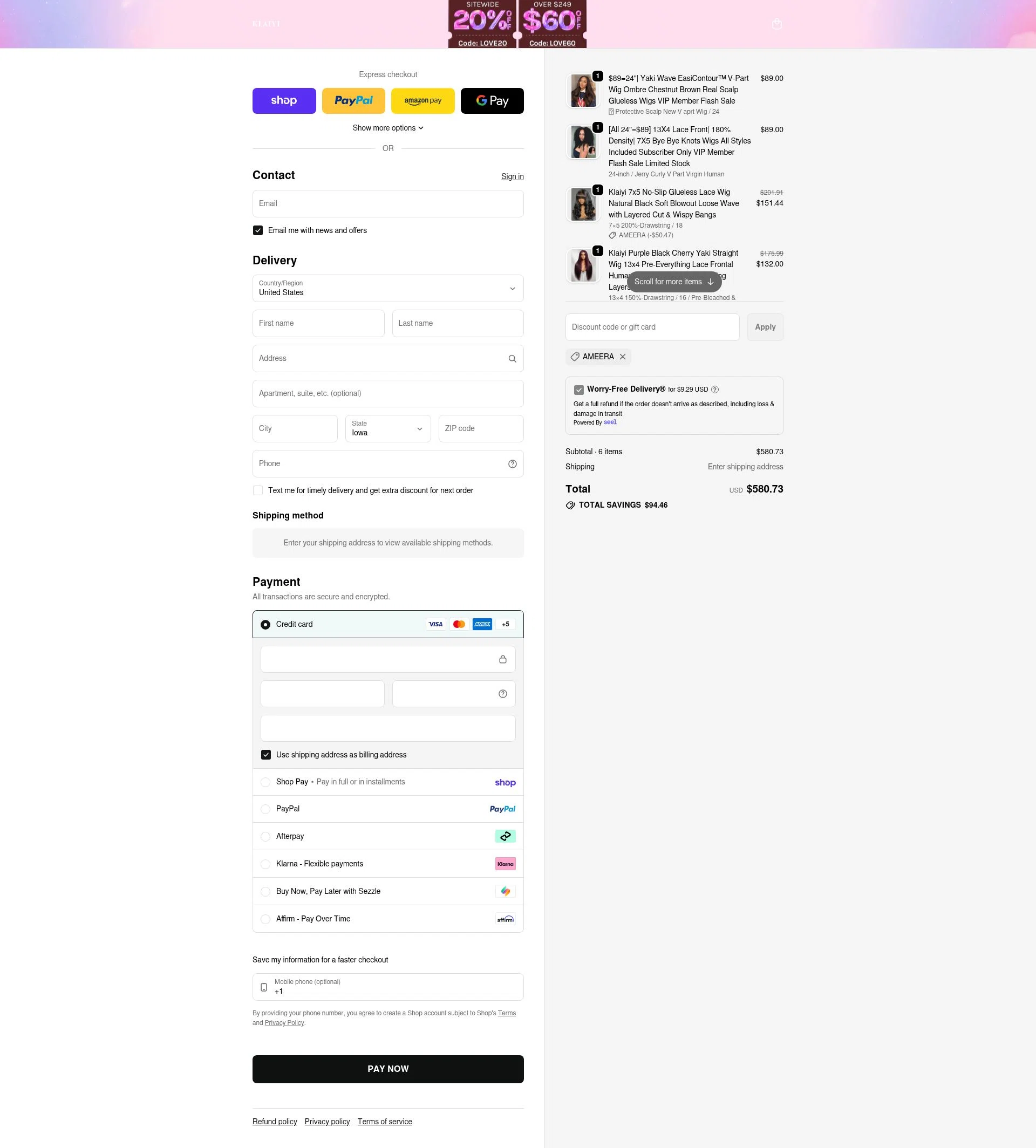 Klaiyi Hair checkout page showing Klaiyi Hair coupon code box | Screenshot taken by SimplyCodes community member on Feb 11, 2026