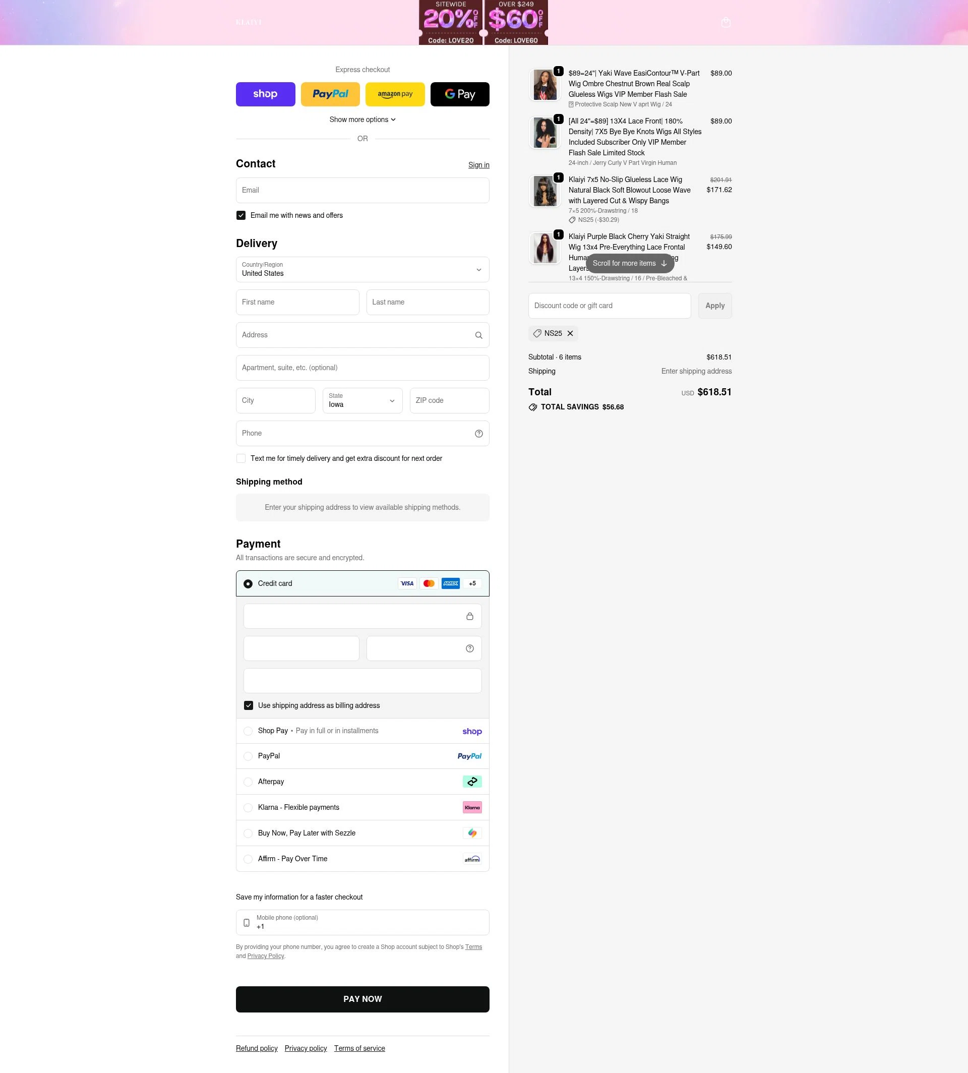Klaiyi Hair checkout page showing Klaiyi Hair coupon code box | Screenshot taken by SimplyCodes community member on Feb 11, 2026
