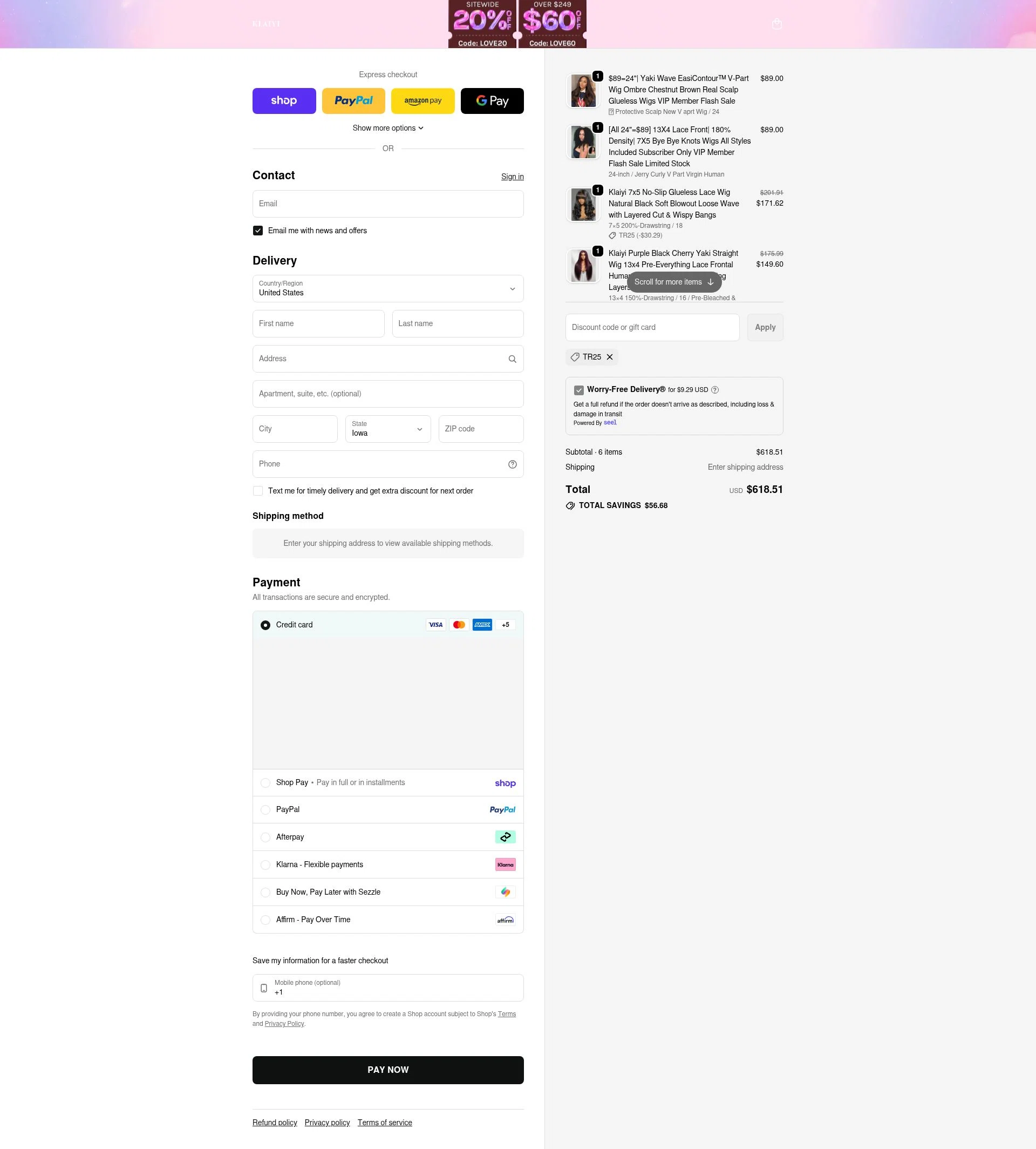 Klaiyi Hair checkout page showing Klaiyi Hair coupon code box | Screenshot taken by SimplyCodes community member on Feb 11, 2026