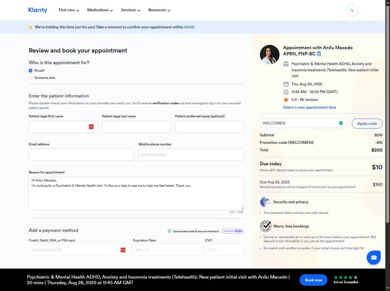Klarity Health checkout page showing Klarity Health coupon code box | Screenshot taken by SimplyCodes community member on Aug 26, 2025