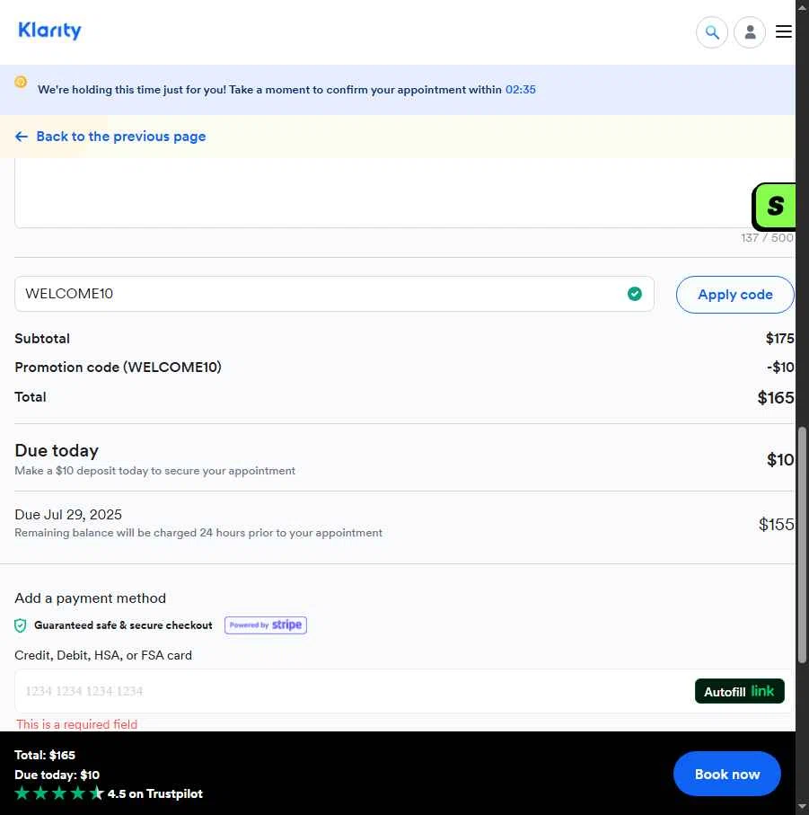 Klarity Health checkout page showing Klarity Health coupon code box | Screenshot taken by SimplyCodes community member on Jul 29, 2025