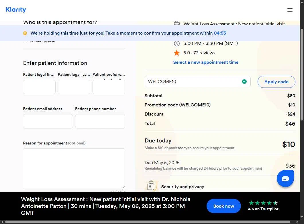 Klarity Health checkout page showing Klarity Health coupon code box | Screenshot taken by SimplyCodes community member on May 5, 2025