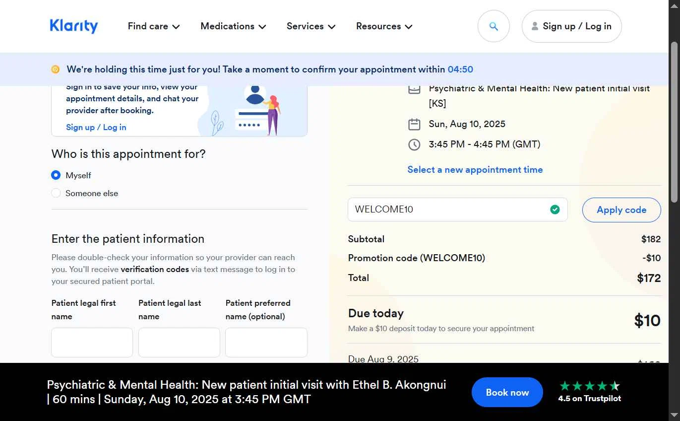 Klarity Health checkout page showing Klarity Health coupon code box | Screenshot taken by SimplyCodes community member on Aug 9, 2025