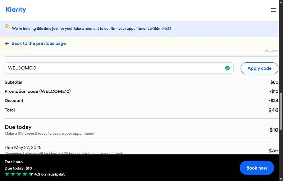 Klarity Health checkout page showing Klarity Health coupon code box | Screenshot taken by SimplyCodes community member on May 27, 2025