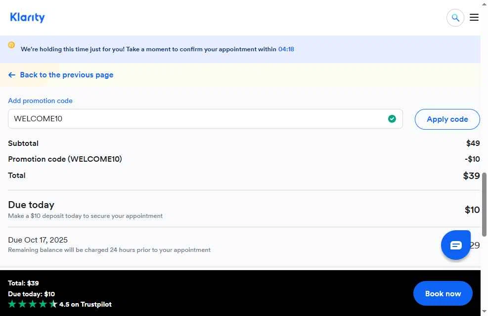 Klarity Health checkout page showing Klarity Health coupon code box | Screenshot taken by SimplyCodes community member on Oct 17, 2025