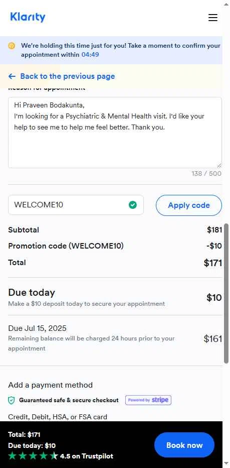 Klarity Health checkout page showing Klarity Health coupon code box | Screenshot taken by SimplyCodes community member on Jul 15, 2025