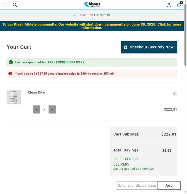 Klean Athlete checkout page showing Klean Athlete discount code box | Screenshot taken by SimplyCodes community member on Jun 11, 2025