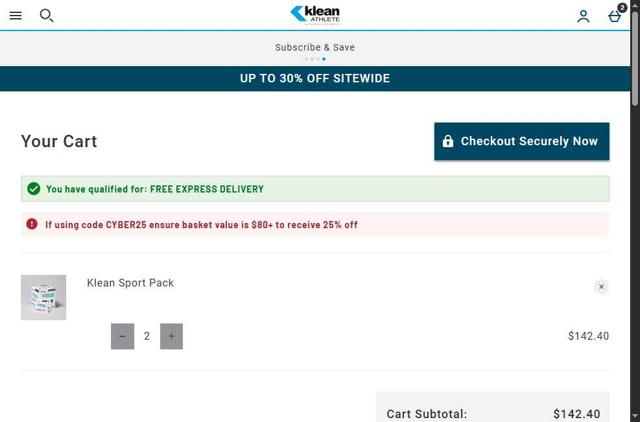 Klean Athlete checkout page showing Klean Athlete discount code box | Screenshot taken by SimplyCodes community member on Apr 29, 2025