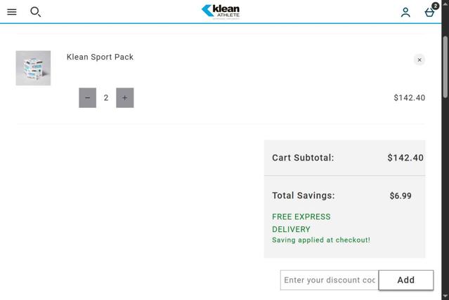 Klean Athlete checkout page showing Klean Athlete discount code box | Screenshot taken by SimplyCodes community member on Apr 30, 2025