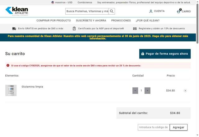 Klean Athlete checkout page showing Klean Athlete discount code box | Screenshot taken by SimplyCodes community member on Jun 11, 2025
