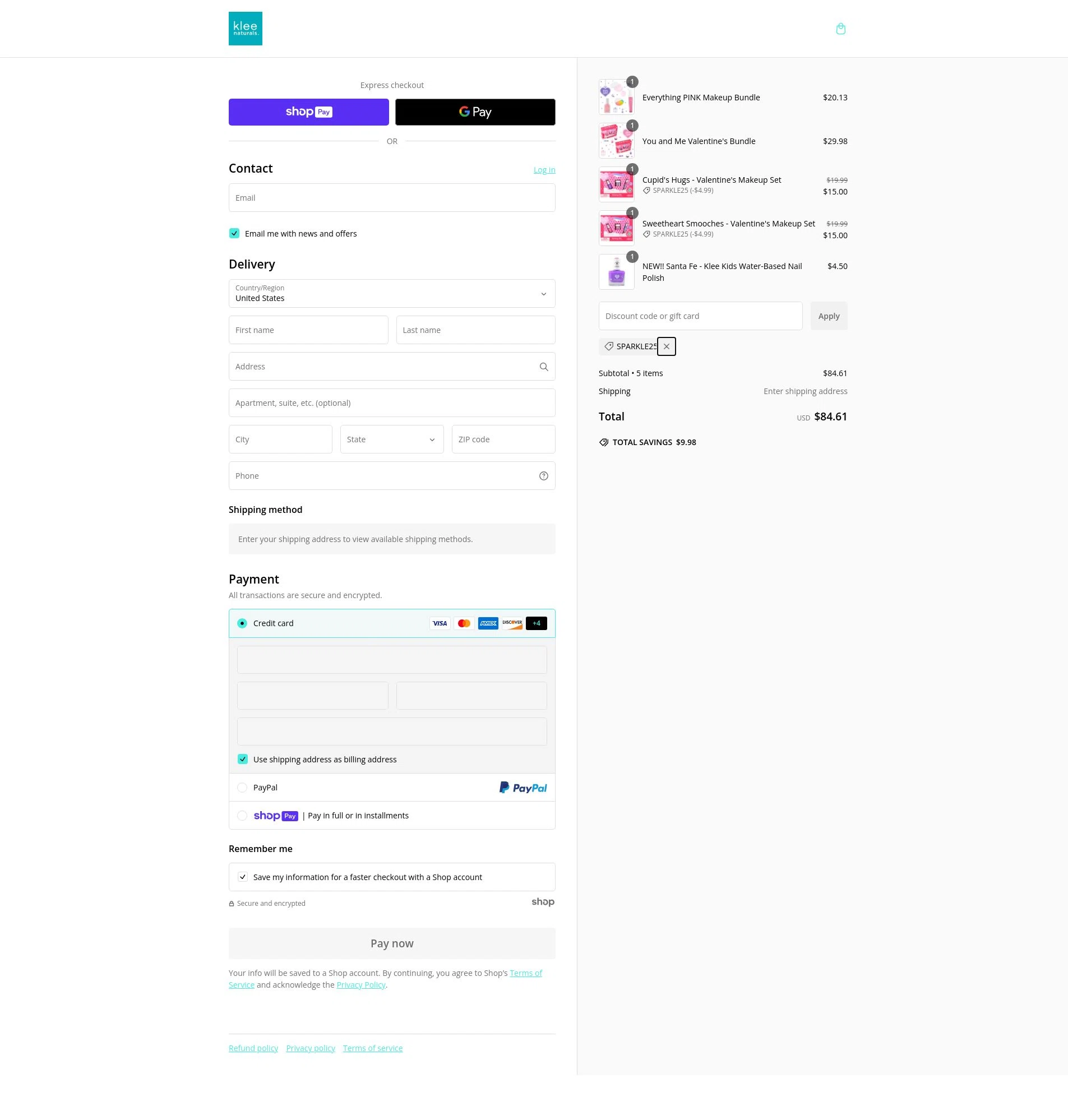 Klee Naturals checkout page showing Klee Naturals coupon code box | Screenshot taken by SimplyCodes community member on Jan 29, 2025