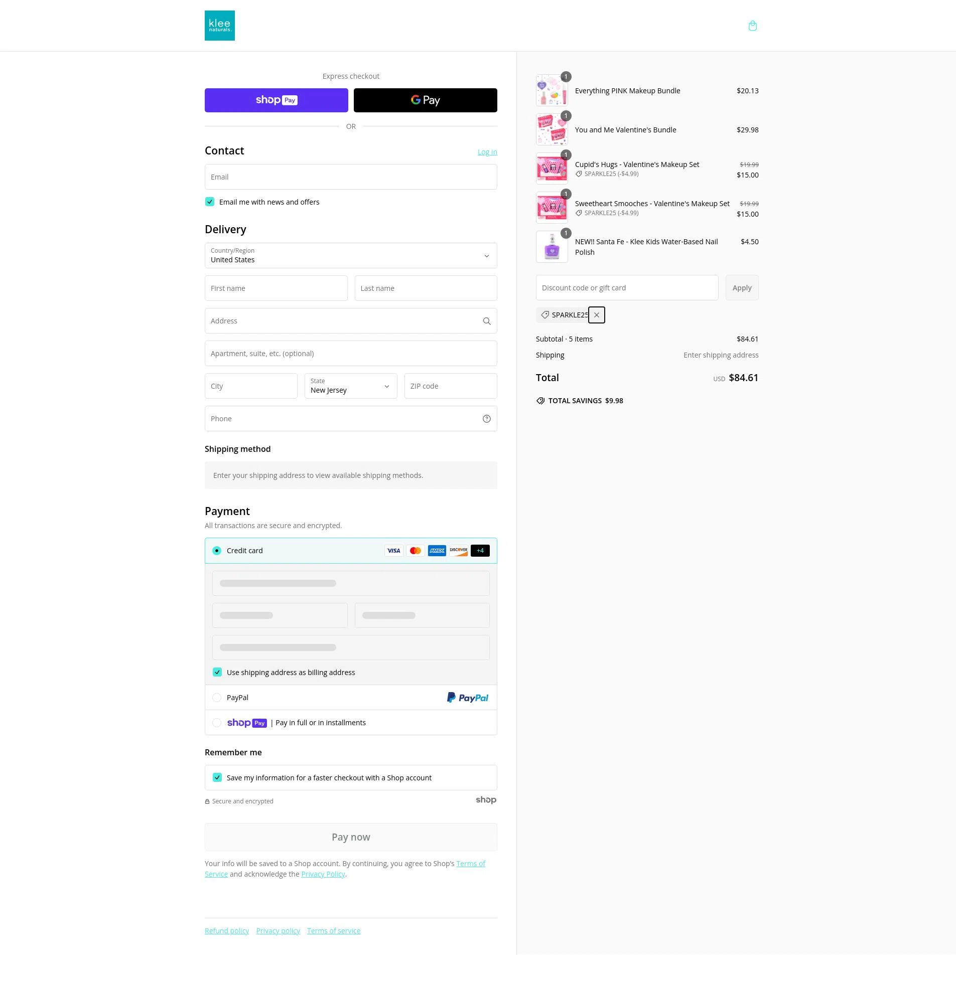 Klee Naturals checkout page showing Klee Naturals coupon code box | Screenshot taken by SimplyCodes community member on Feb 14, 2025