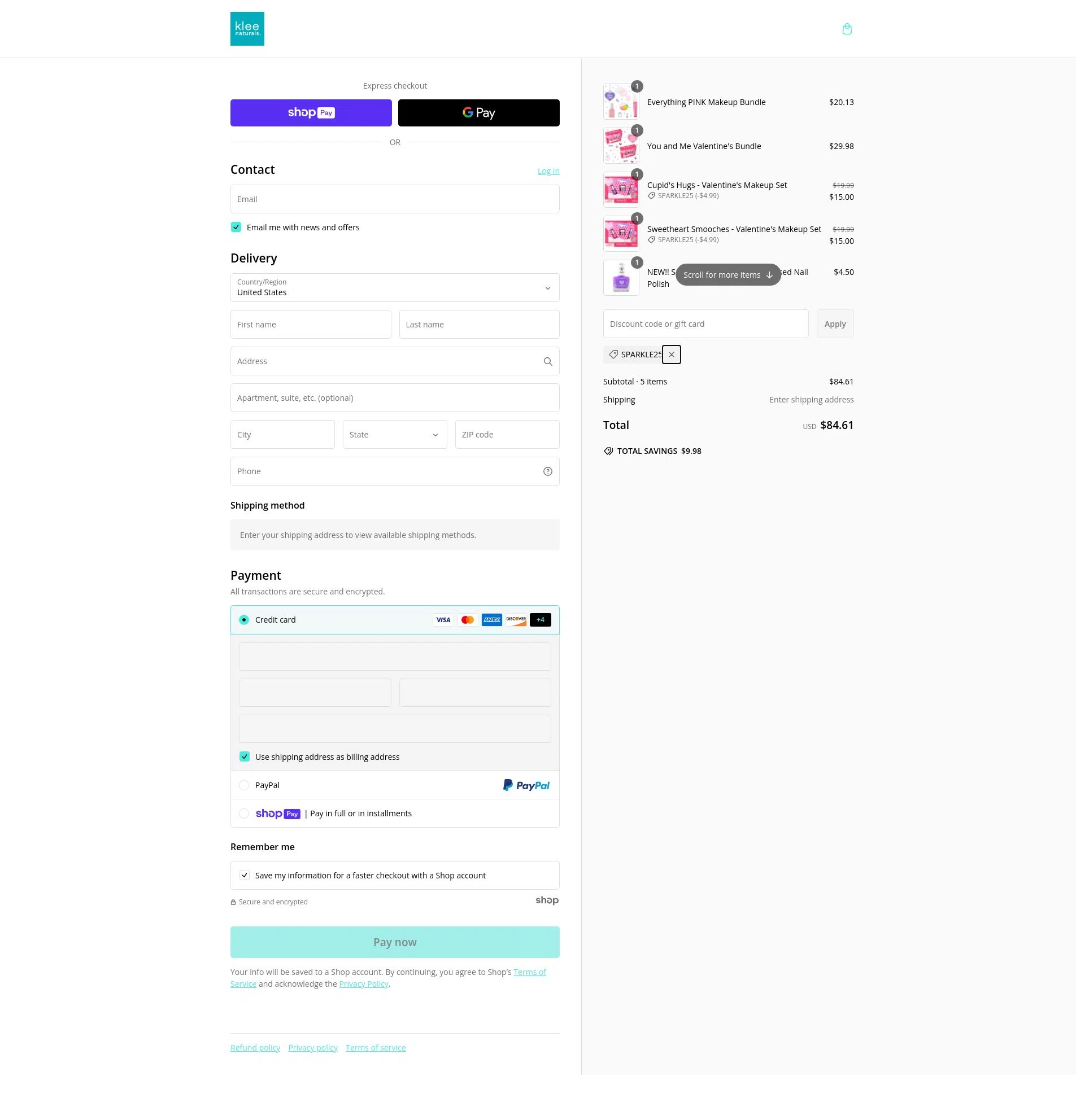Klee Naturals checkout page showing Klee Naturals coupon code box | Screenshot taken by SimplyCodes community member on Feb 10, 2025